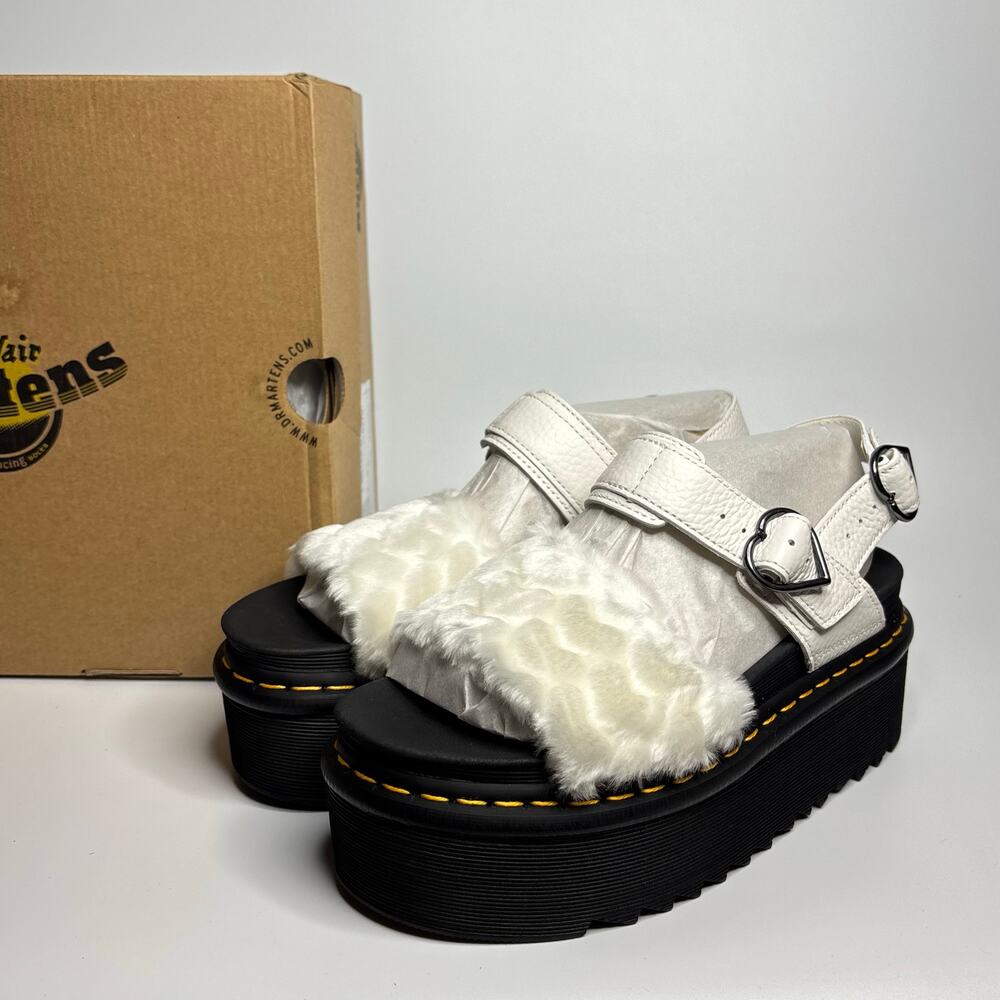 Dr. Martens Voss Heart Fluffy Faux Fur Platform Sandals in White Milled Nappa